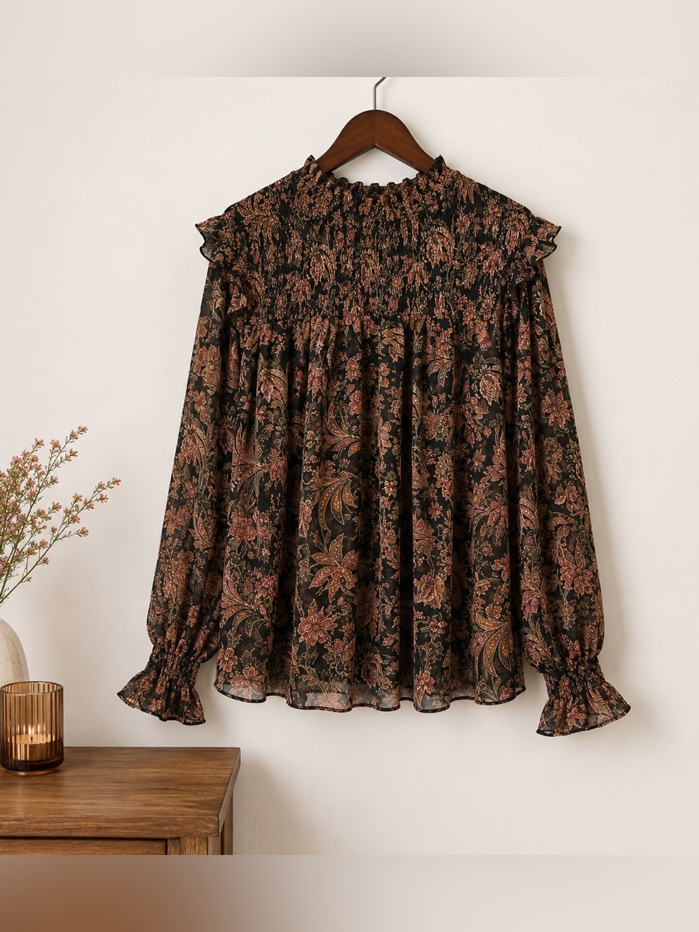 Black Floral Paisley Smocked Ruffle Blouse Dark Prairie 1X